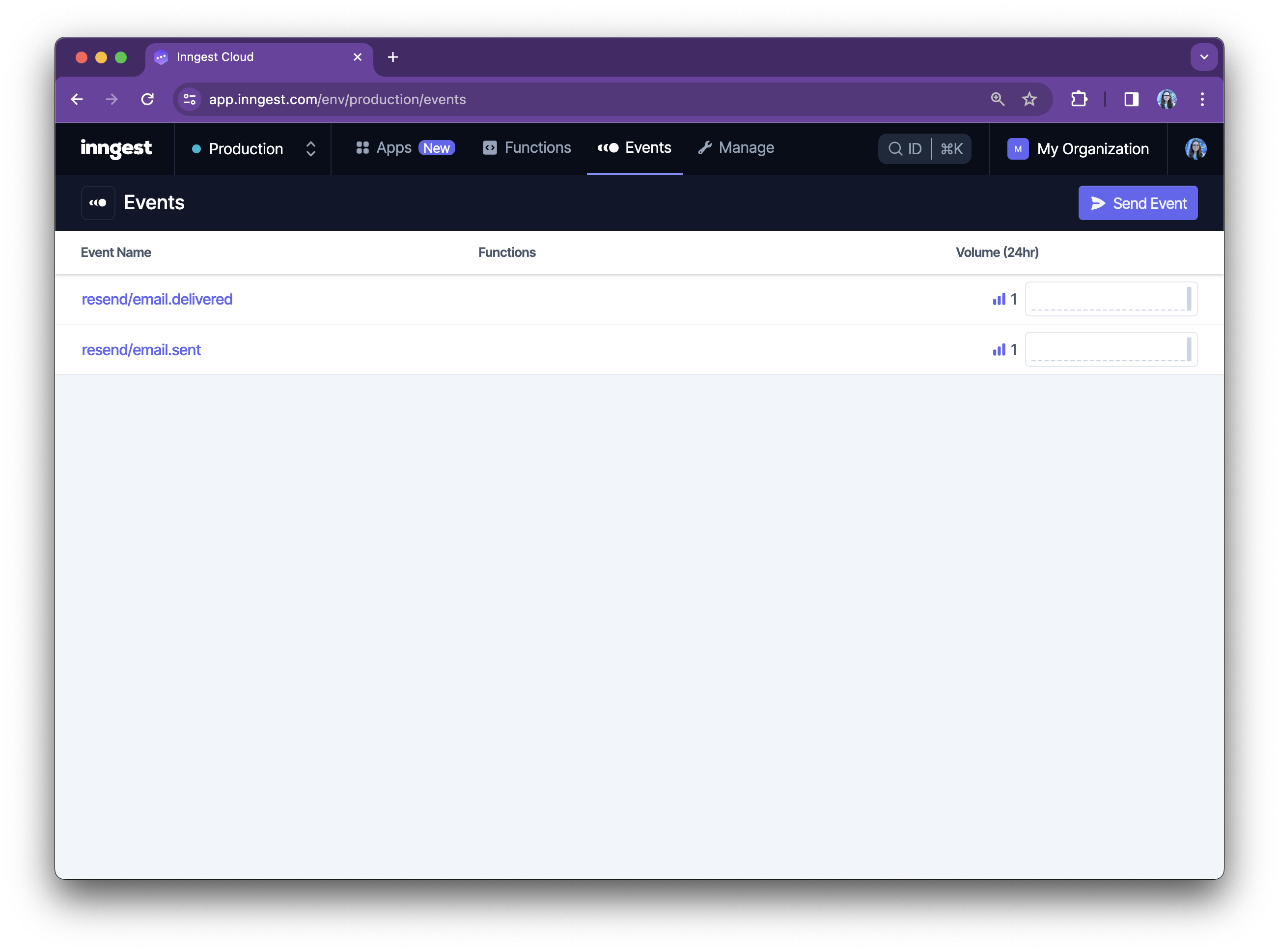 Events tab in Inngest Cloud featuring two events from Resend